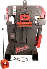 Edwards 55 ton hydraulic Ironworkers with spare hydraulic powered tooling station. Photo shows optional Coper-Notcher installed.