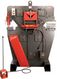 Edwards 100 ton hydraulic Ironworkers with spare hydraulic powered tooling station. Photo shows optional Press Brake installed.