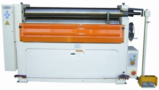 Photo shows the bending roll machine with the optional orange deflector cover. Foot pedal with forward and reverse pedals. Rolls stop when pedal is released.